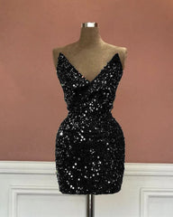 Short V-neck Black Sequin Tight Dress
