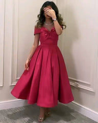 Fuchsia Satin Off-The-Shoulder Midi Party Dress