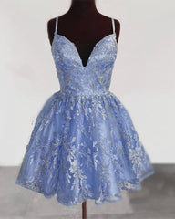 Short A-line Spaghetti Straps Lace Embroidery Dress