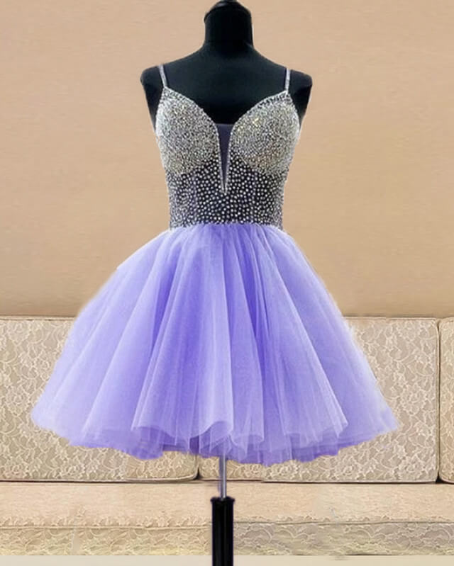 Spaghetti Straps Beaded V-neck Tulle Mini Dress
