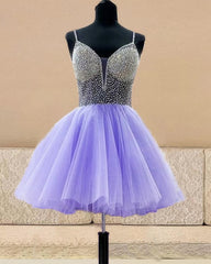Spaghetti Straps Beaded V-neck Tulle Mini Dress