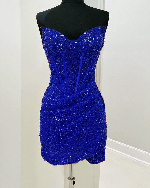 Short Royal Blue Tight Beaded Dress