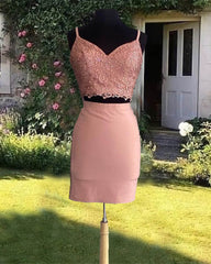 Short Two Piece Lace V-neck Tight Dress