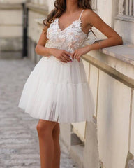 Spaghetti Straps Tulle V Neck Mini Dress With 3d flowers - RongMoon