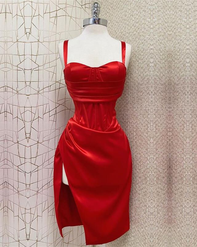 Red Sheath Midi Dress With Slit - RongMoon