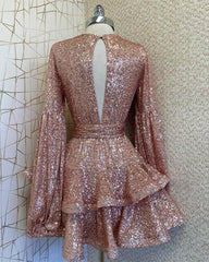 Sparkly Long Sleeve Rose Gold V-neck Sequin Dress - RongMoon
