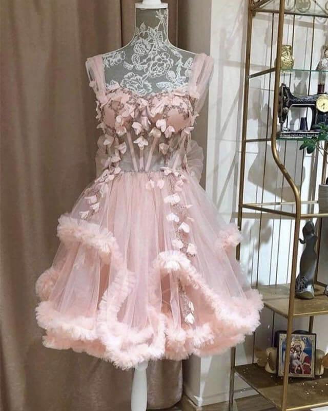 Short Pink Tulle Corset Dress With Handmade Flowers - RongMoon