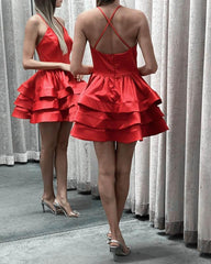Short V-neck Tiered Satin Dress - RongMoon