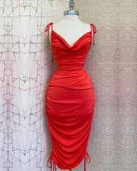 Red Cowl Neck Midi Bodycon Dress - RongMoon