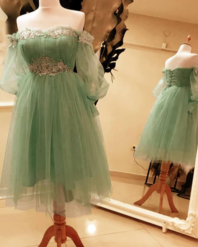 A-line Off Shoulder Tulle Appliques Dress - RongMoon