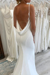 White Satin Appliques V Neck Mermaid Backless Wedding Dress