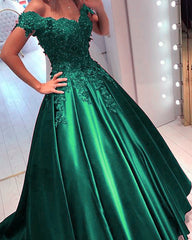 Princess Prom Dresses Satin Ball Gown Lace Flowers Beaded