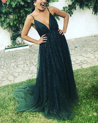 Long Sequins Prom Dresses Open Back Plunge Evening Gown