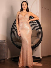 Sheath/Column Sequins Ruched V-neck Sleeveless Sweep/Brush Train Dresses - RongMoon