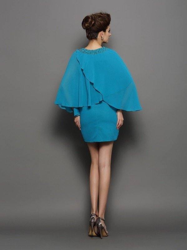 Sheath/Column Scoop Beading Long Sleeves Short Silk like Satin Mother of the Bride Dresses - RongMoon