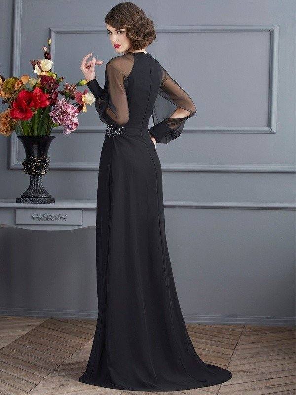 Sheath/Column Scoop Long Sleeves Beading Long Chiffon Dresses - RongMoon