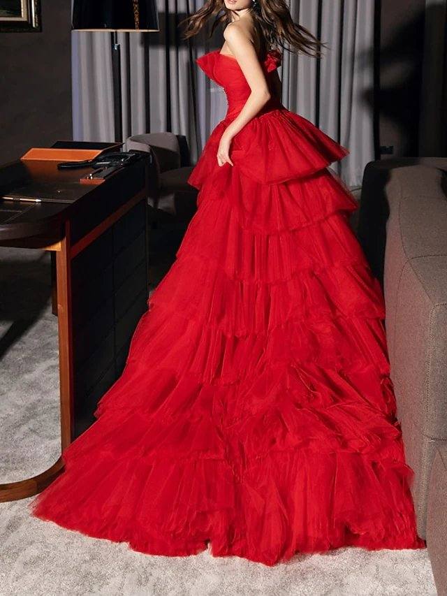 A-Line Convertible Princess Engagement Prom Dress Strapless Sleeveless Detachable Tulle with Pleats Tier - RongMoon
