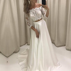Boho Style Lace Sleeved Two Piece Wedding Dresses Beach Bridal Gowns