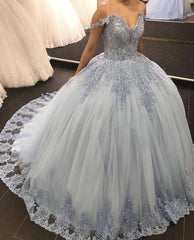 Lace Embroidery Tulle Ball Gowns Wedding Off Shoulder Dresses
