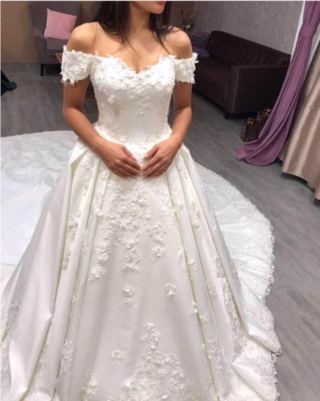 Lace Embroidery V-neck Royal Train Satin Wedding Dresses 2018