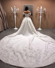 Lace Embroidery V-neck Royal Train Satin Wedding Dresses 2018