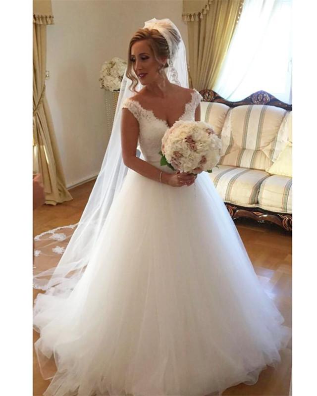 A-line Lace V-neck Tulle Princess Floor Length Wedding Dresses 2018