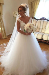 A-line Lace V-neck Tulle Princess Floor Length Wedding Dresses 2018