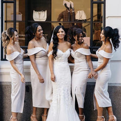 Sexy Off The Shoulder V-neck Sheath Party Dress Tea Length Bridesmaid Dress