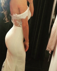 White Lace Appliques Off The Shoulder Mermaid Court Train Bridesmaid Dresses