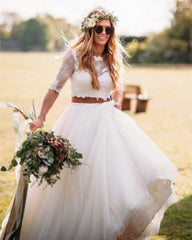 Boho Lace Crop Top Tulle Two Piece Wedding Dresses