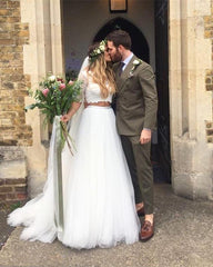 Boho Lace Crop Top Tulle Two Piece Wedding Dresses