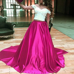 White Lace Crop Long Satin Two Piece Prom Dresses