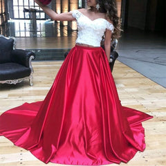 White Lace Crop Long Satin Two Piece Prom Dresses