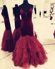 Spaghetti Straps V-neck Velvet Prom Dresses Mermaid Evening Gowns