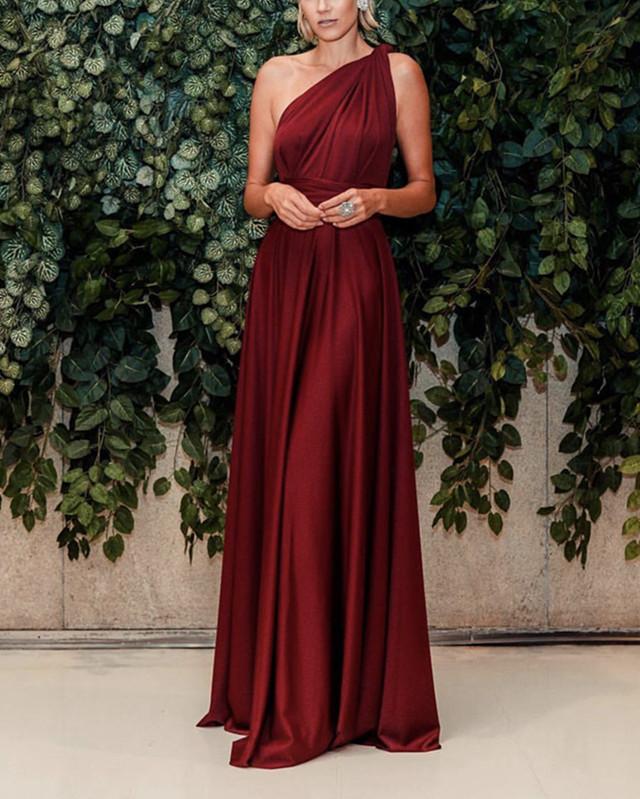 Long Satin Burgundy Bridesmaid Dresses One Shoulder