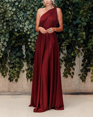 Long Satin Burgundy Bridesmaid Dresses One Shoulder