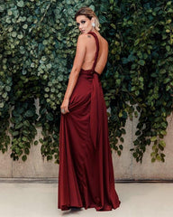Long Satin Burgundy Bridesmaid Dresses One Shoulder