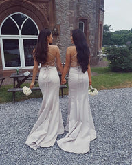 Sexy Deep V-neck Long Satin Mermaid Split Bridesmaid Dresses