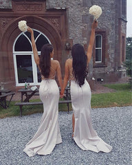 Sexy Deep V-neck Long Satin Mermaid Split Bridesmaid Dresses