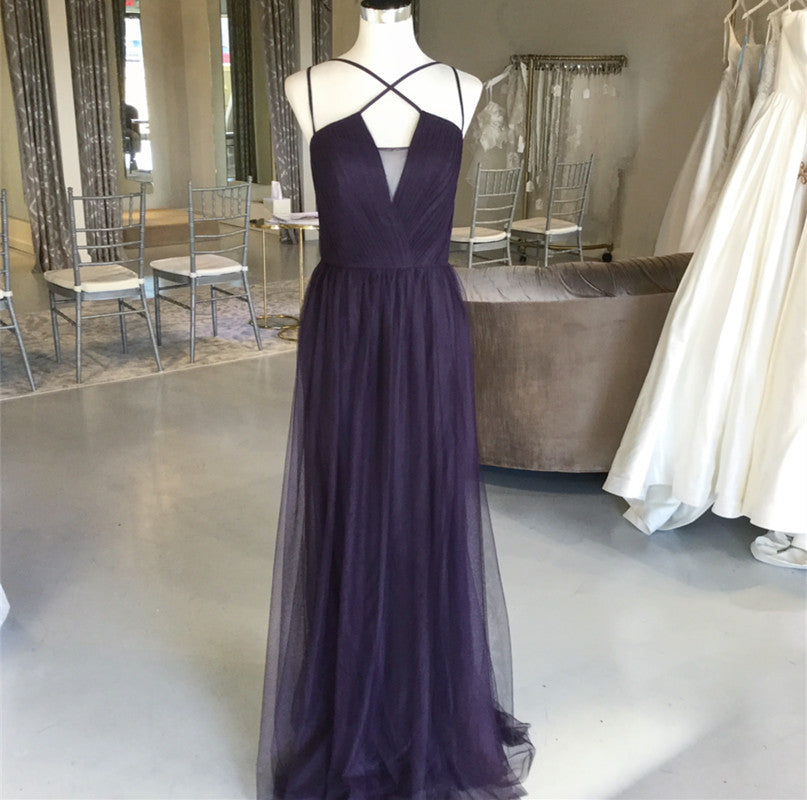 Sexy Spaghetti Straps Long Tulle Cross Back Bridesmaid Dresses