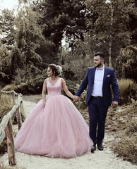 Satin V-neck Tulle Ball Gowns Wedding Dresses Pearl Pink