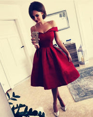 Short Satin V-neck Off The Shoulder Bridesmaid Dresses Knee Length Party Gowns