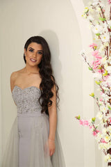Elegant Long Satin And Tulle Sweetheart Prom Dresses Lace Appliques Evening Gowns