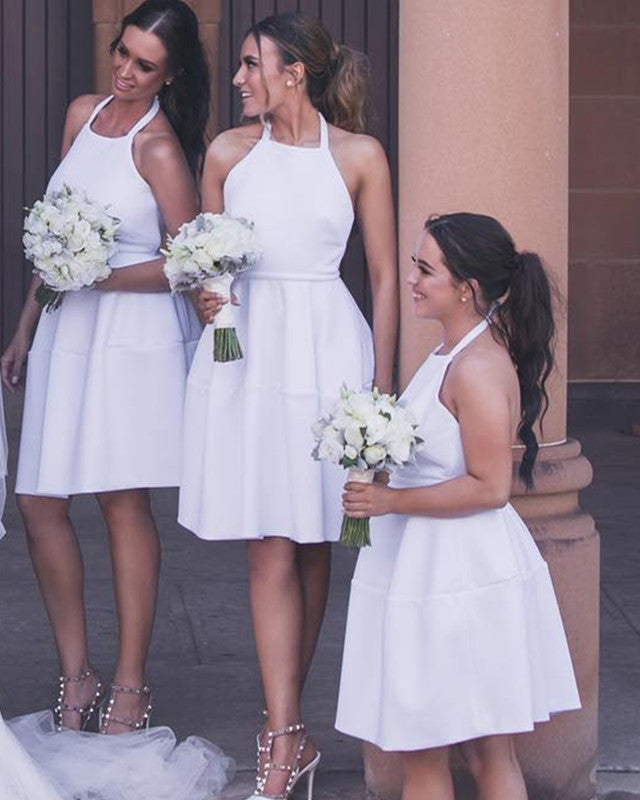 Short White Satin Halter Cocktail Dresses Backless Bridesmaid Dress For Wedding Party