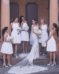 Short White Satin Halter Cocktail Dresses Backless Bridesmaid Dress For Wedding Party