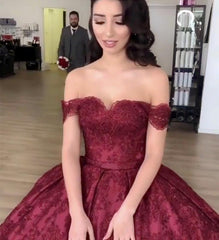 Burgundy Lace Ball Gown Off Shoulder Wedding Dresses