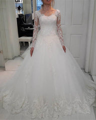 A-line Princess Style Tulle Wedding Dresses Lace Long Sleeves 2018