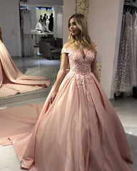 Blush Pink Satin Ball Gowns Lace Off Shoulder