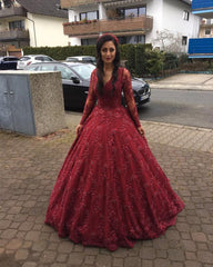 Illusion Long Sleeves V-neck Ball Gowns Lace Prom Dresses