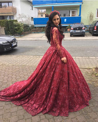 Illusion Long Sleeves V-neck Ball Gowns Lace Prom Dresses